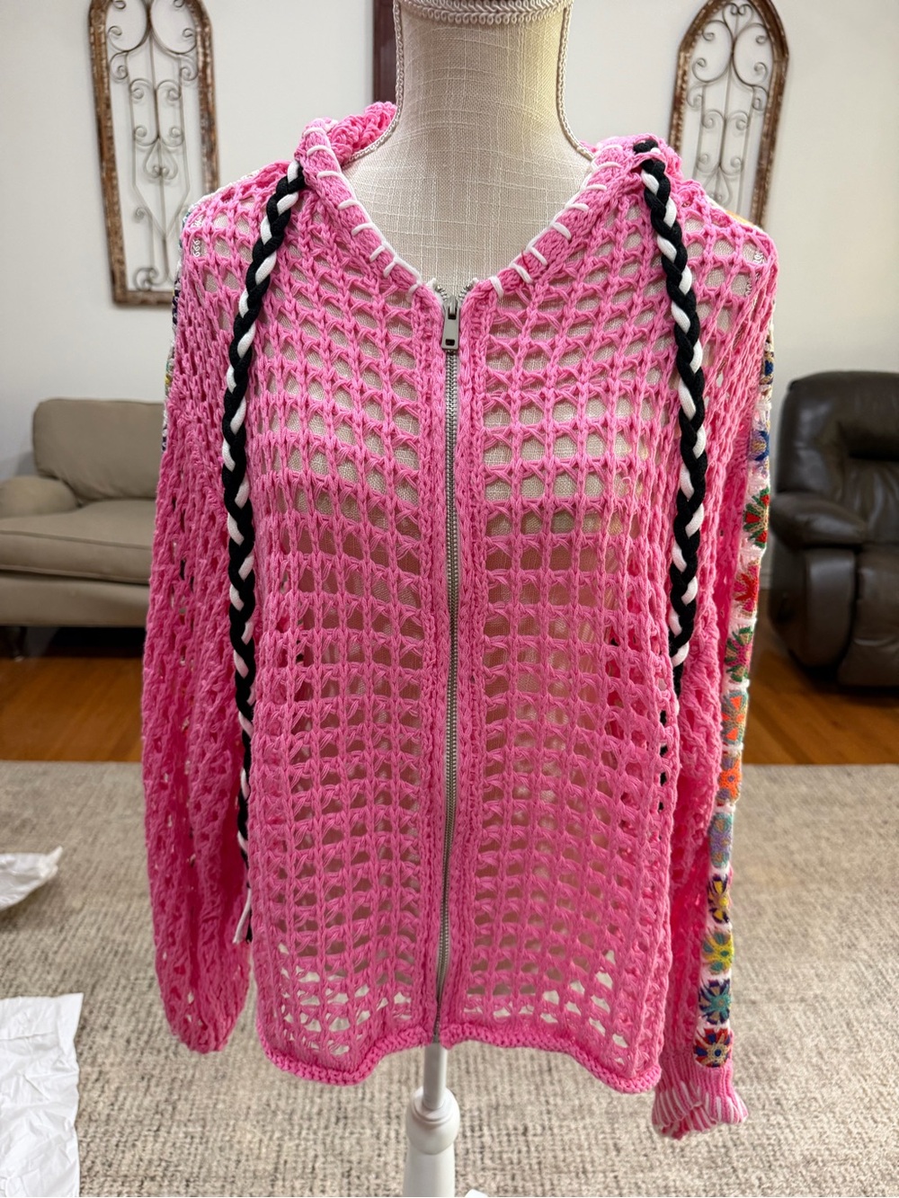 Women’s Pink Crochet Hooded Swim Cover-Up with Zip
